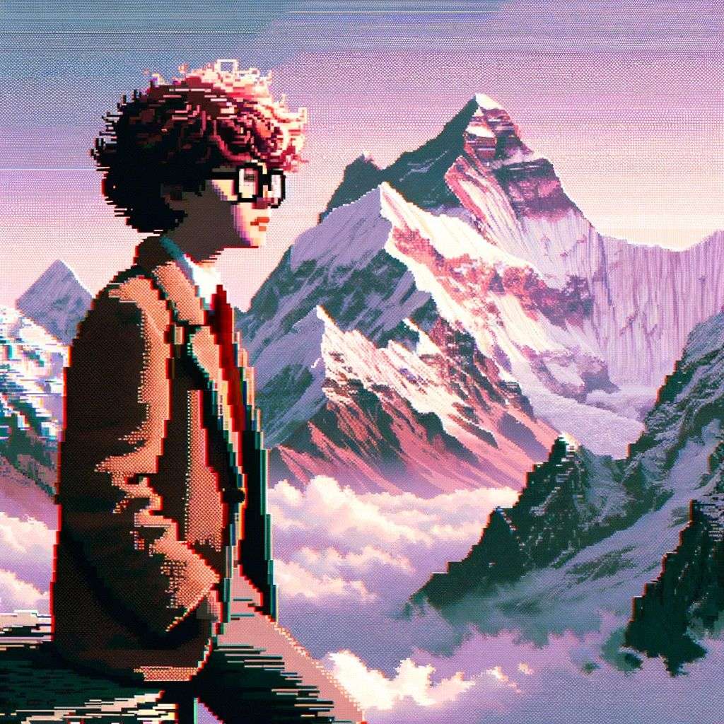 someone gazing at Mount Everest, pixel sorting glitch art
